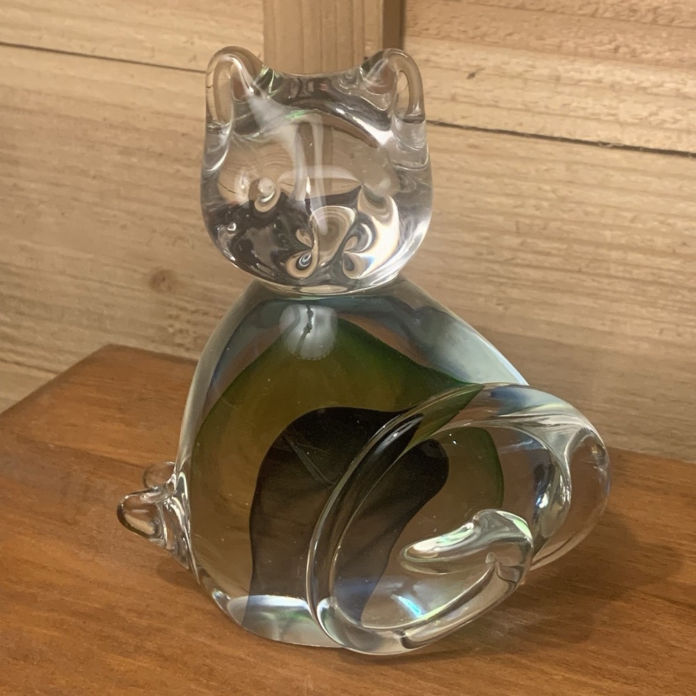 Pier‎ 1 Art Glass Cat Kitten Figurine w Clear Blue Green Hand-blown Paperweight